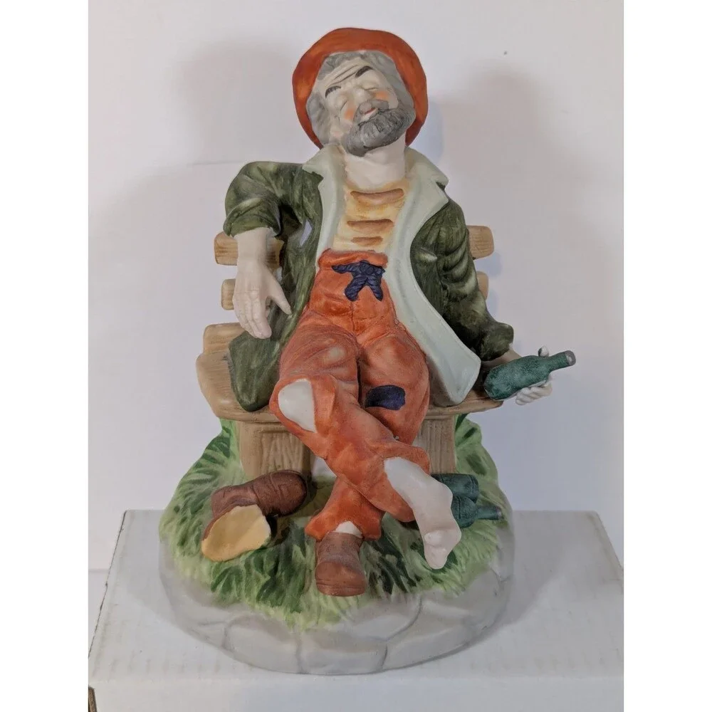 Vintage Capodimonte Style Porcelain Tramp on Bench With Bottle 9